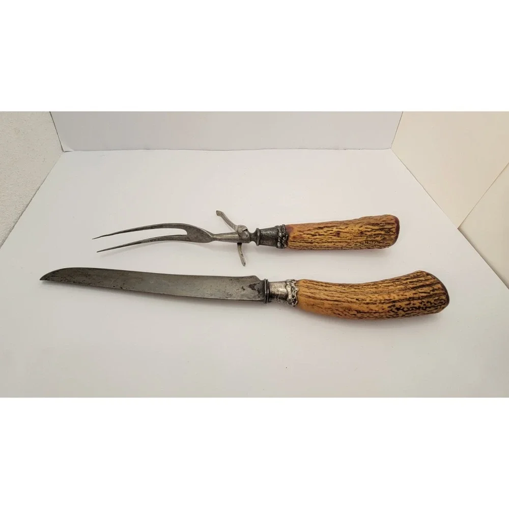 Antique Landers Frary Clark Stag Antler Carving Knife Fork Set Aetna Works
